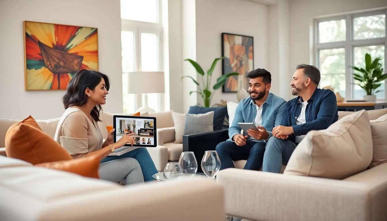 diverse professionals discussing decor and design in a modern living room.