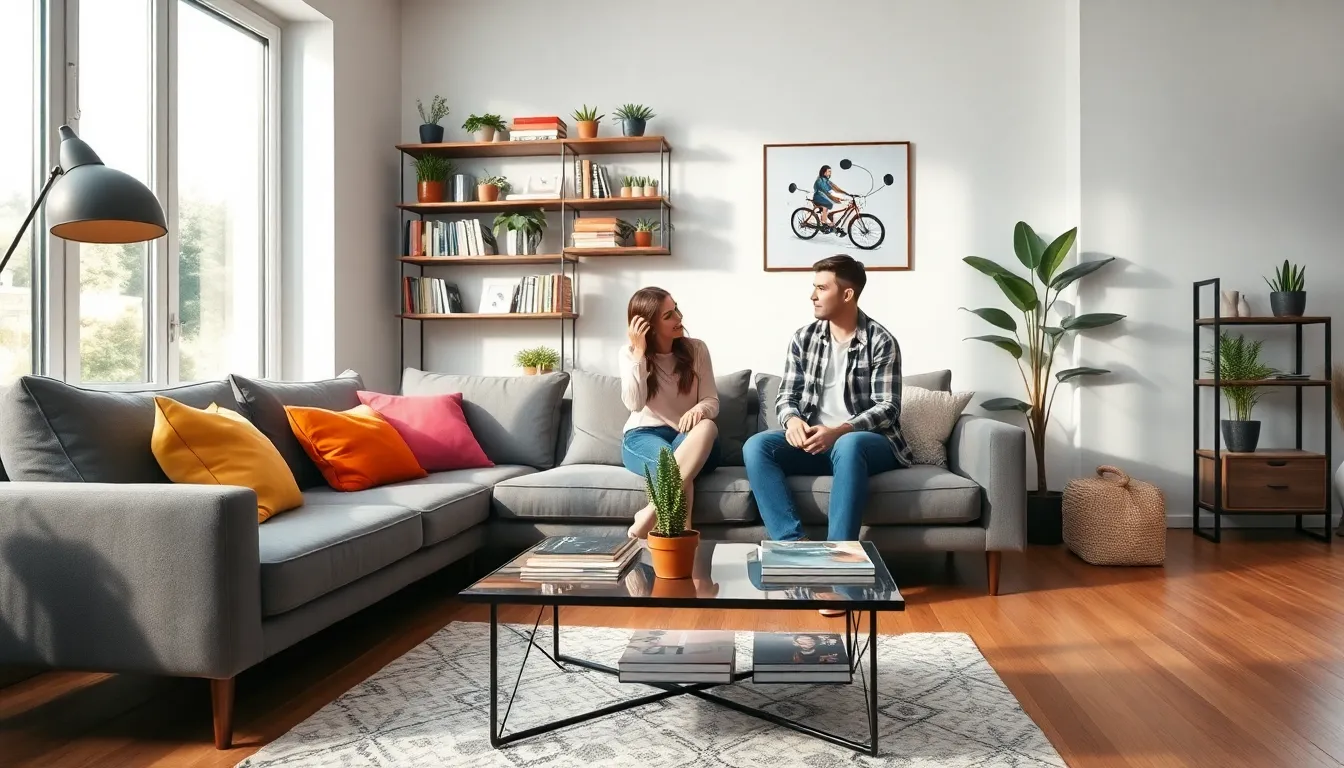 diverse couple decorating a stylish living room.